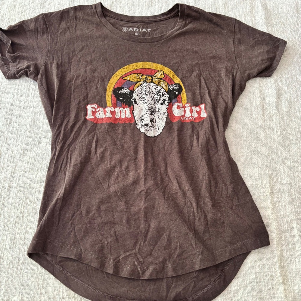 Ariat Womens Farm Girl Cow Graphic Tee Brown Short Sleeve T-Shirt XS